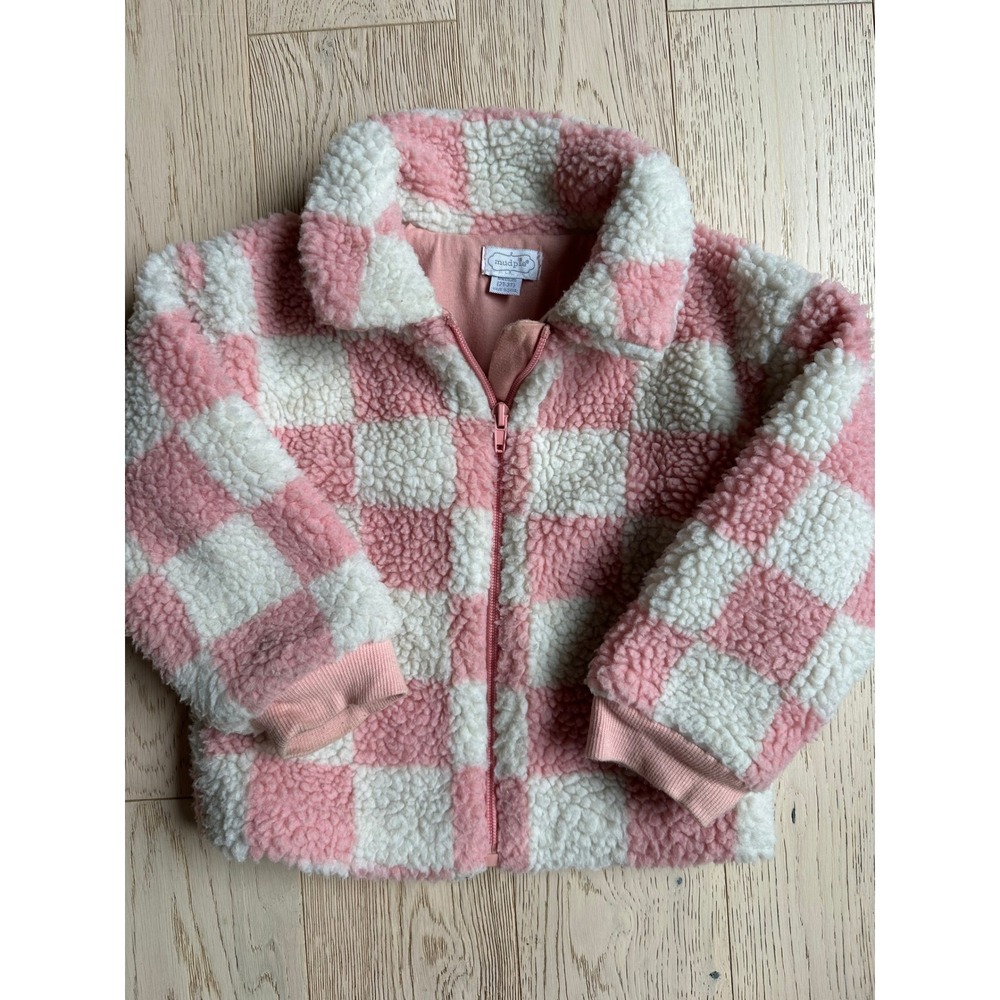 Mud Pie Kids Pink White Checkered Sherpa Fleece Zip Up Jacket Medium 2T 3T